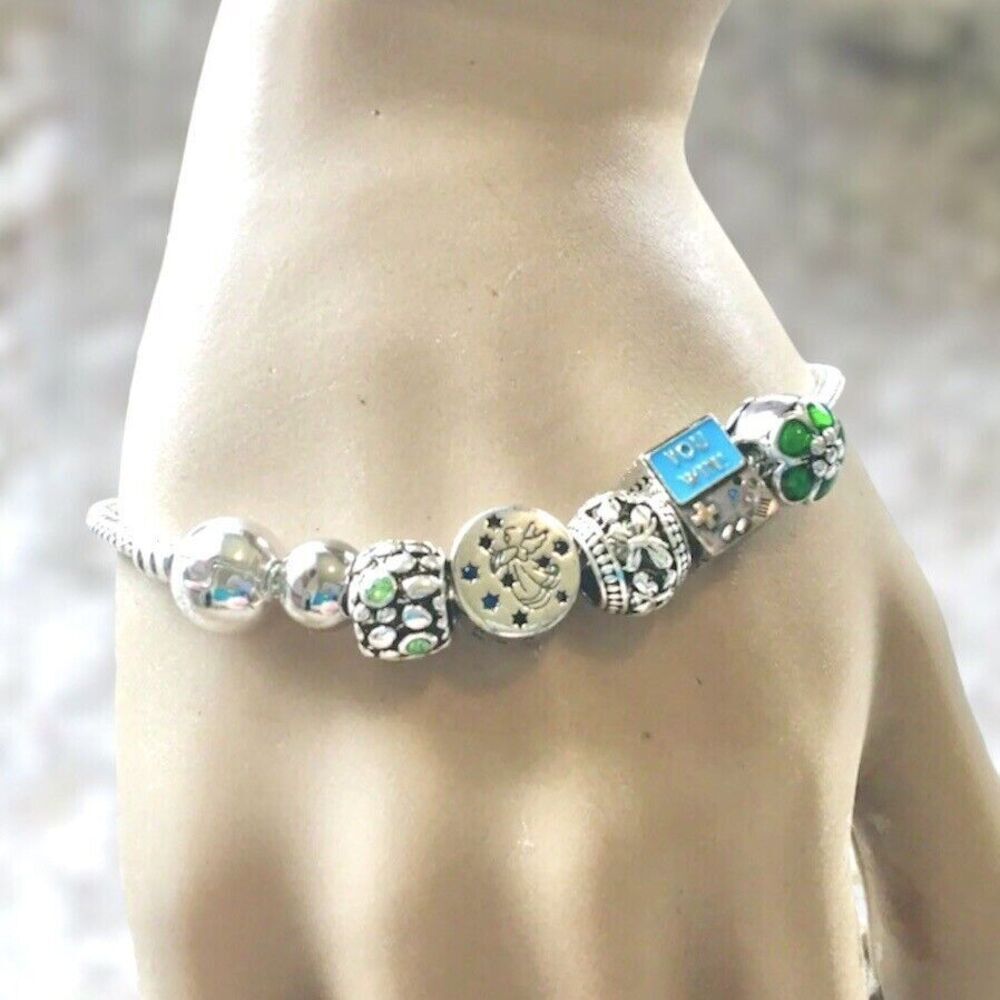 Charm Bracelet Silver Tone DIY European Bead Charms 8.25 Inch Snake Chain